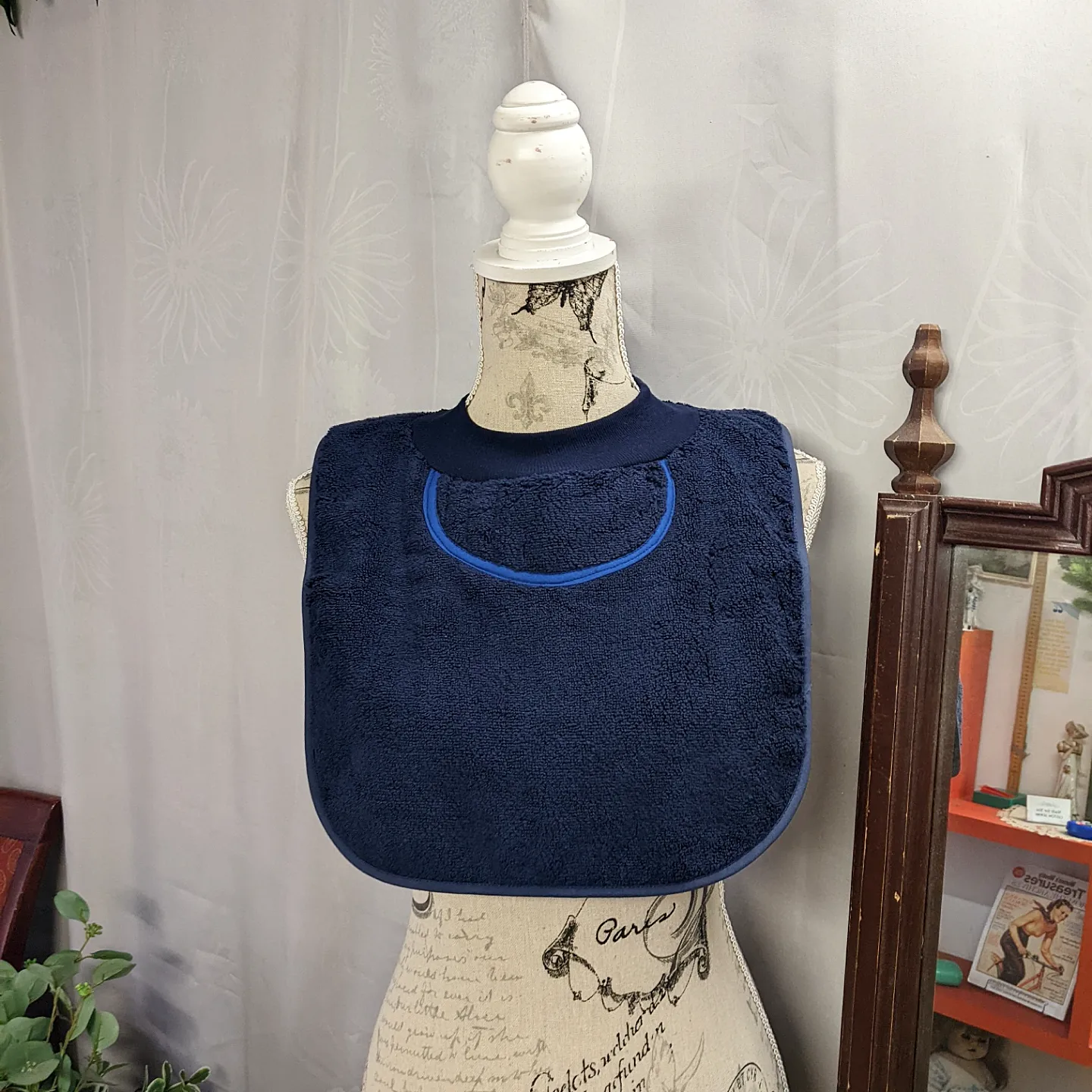 Navy Blue Towelling Waterproof Pullover Special Needs Bib Fits Child to Adult Made in Australia