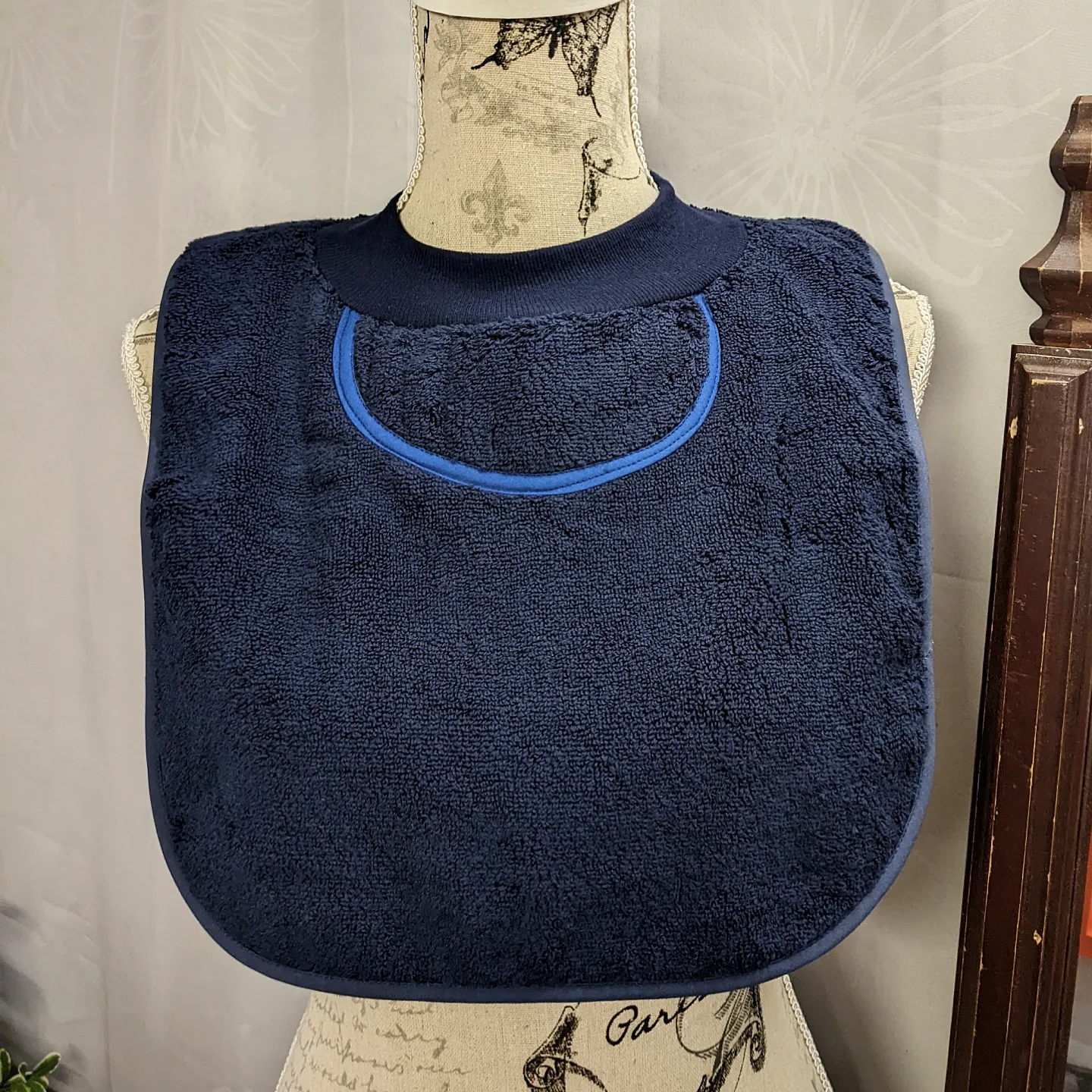 Navy Blue Towelling Waterproof Pullover Special Needs Bib Fits Child to Adult Made in Australia - Image 2