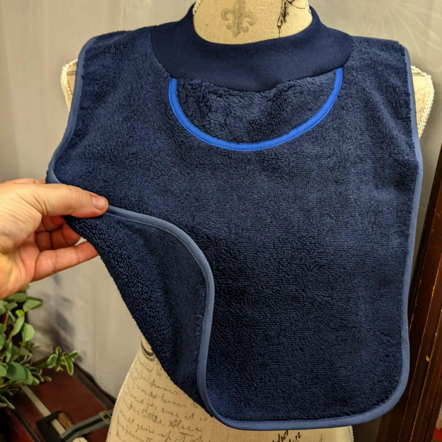 Navy Blue Towelling only not Waterproof Pullover Special Needs Bib Fits Child to Adult Made in Australia